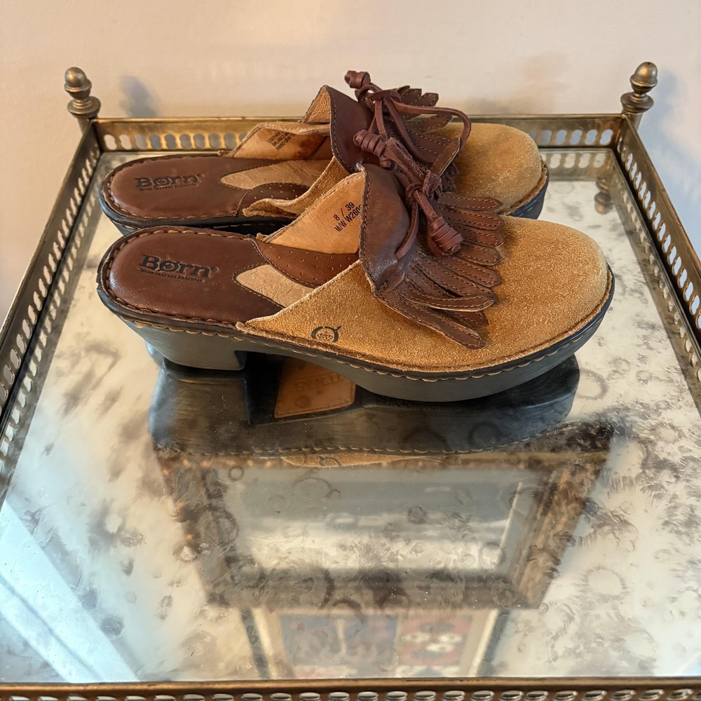 Born Shoes Womens Size 8 Brown Suede Clog Mule Platform Fringe Kiltie W2605 - Picture 4 of 8